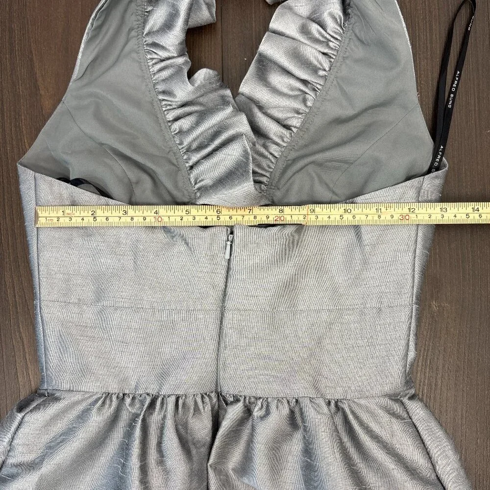 Alfred Sung Women’s Size 0 Silver Gray Halter Cocktail Dress Pockets Ruffle Neck